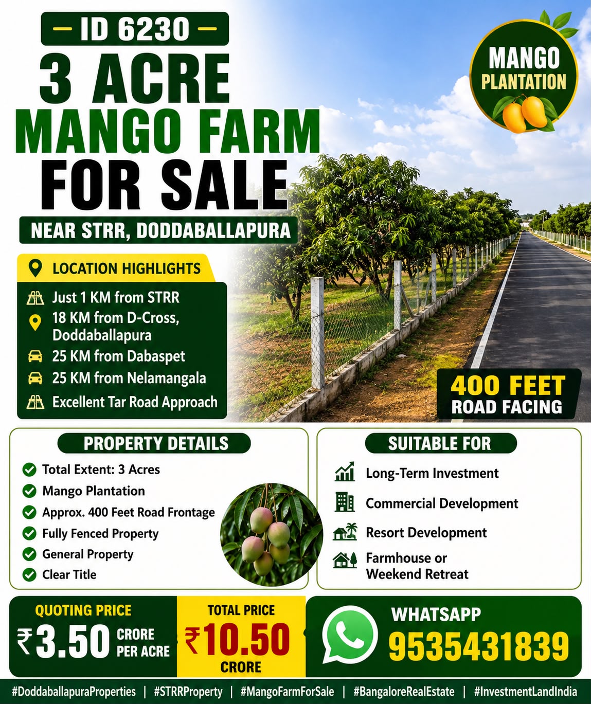 🆔 *PROPERTY ID – 6230* 🌿🏗️ *3 Acres Prime Land for Sale – Near STRR, Doddaballapura*
